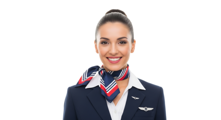 Smiling stewardess portrait in navy uniform with red scarf on transparent background