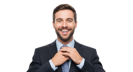 Enthusiastic businessman in dark suit adjusting his tie on transparent background
