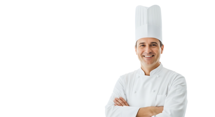 Smiling chef with arms crossed in white uniform on transparent background