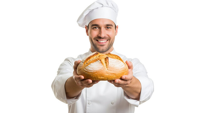 Smiling baker proudly presenting loaf of sourdough bread on transparent background