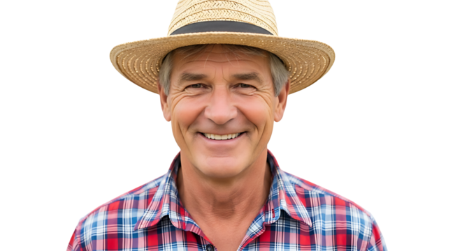 Friendly older man wearing straw hat portrait isolated on transparent background - Powered by Adobe
