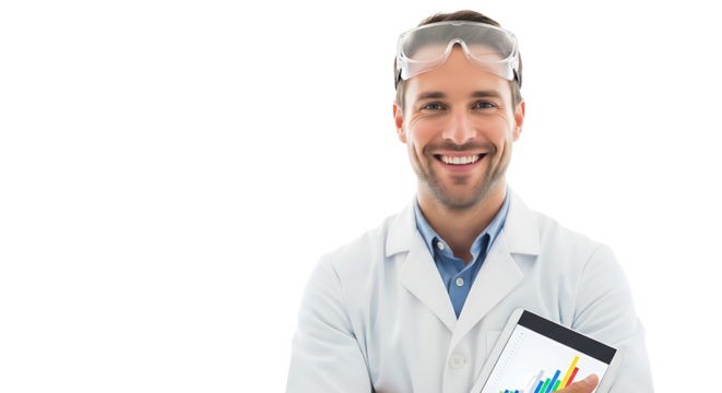 Smiling doctor holding a tablet with graph analysis on transparent background