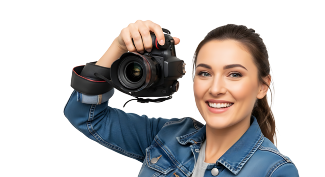 Joyful woman holding black camera in studio environment on transparent background