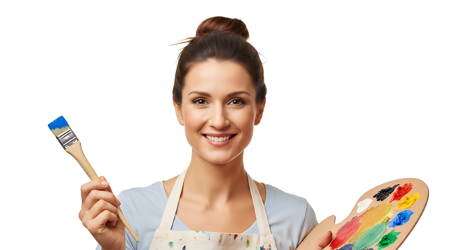 Smiling artist holding palette and paintbrush, a creative portrait on transparent background