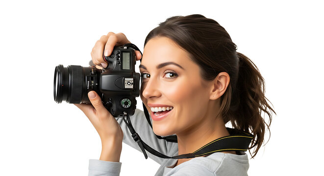 Happy brunette photographer holding a DSLR camera on transparent background