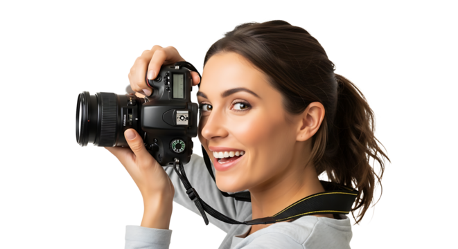 Happy brunette photographer holding a DSLR camera on transparent background