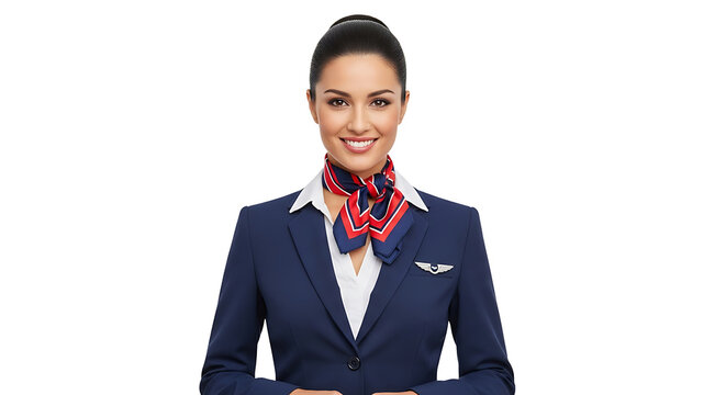 Smiling elegant stewardess in formal uniform showing a warm welcome on transparent background