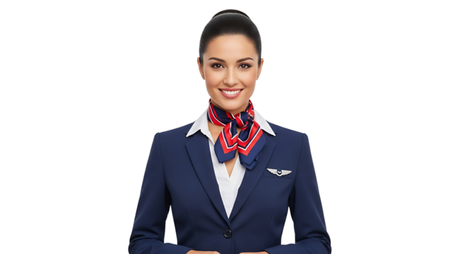Smiling elegant stewardess in formal uniform showing a warm welcome on transparent background