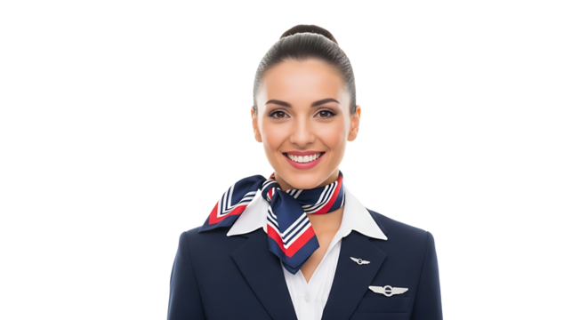 Smiling stewardess portrait in navy uniform with red scarf on transparent background