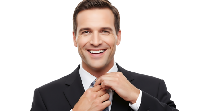 Handsome man adjusts his tie with a bright smile on transparent background