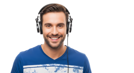 Smiling man with headphones enjoying music on the transparent background