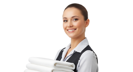 Cheerful hotel maid carrying fresh towels smiles on transparent background
