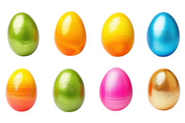 colorful easter eggs collection in orange, yellow, green, pink, blue and gold isolated on white or transparent png