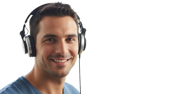 Smiling dark-haired man with headphones looking at camera on transparent background