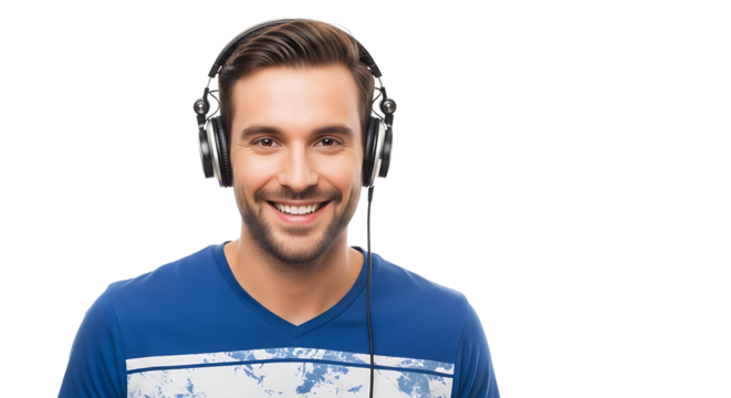 Smiling man with headphones enjoying music on the transparent background - Powered by Adobe