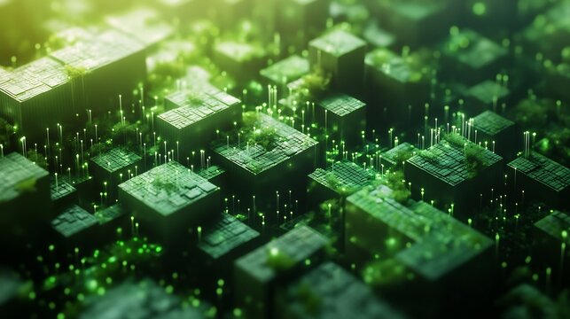 Green abstract cityscape with organic growth and digital elements - Powered by Adobe