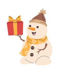 Christmas snowman presenting gift box
