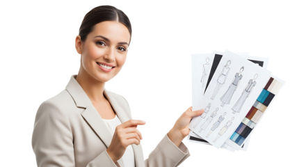 Fashion designer presents elegant design sketches and fabric swatches on transparent background