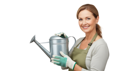 Smiling woman holds galvanized watering can with gardening gloves on transparent background