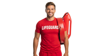 Cheerful lifeguard portrait in red uniform with float on transparent background