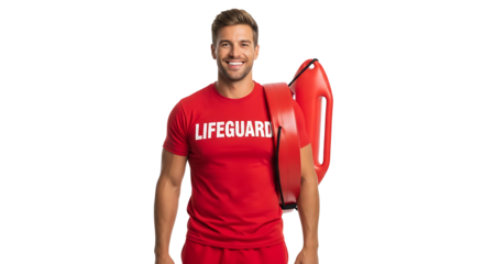 Cheerful lifeguard portrait in red uniform with float on transparent background