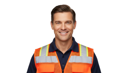 Confident construction worker smiling brightly wearing safety vest on transparent background