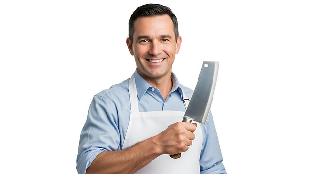 Smiling butcher with large cleaver in hand, a professional look on transparent background