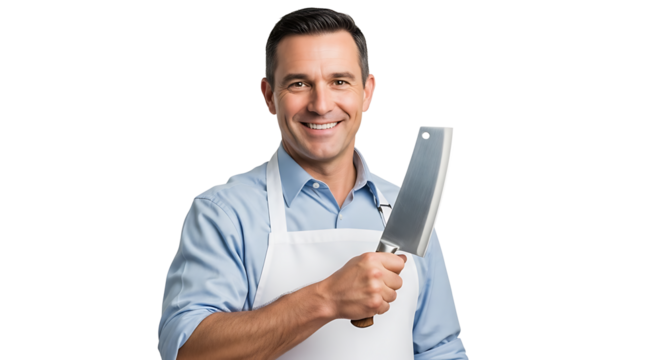 Smiling butcher with large cleaver in hand, a professional look on transparent background - Powered by Adobe