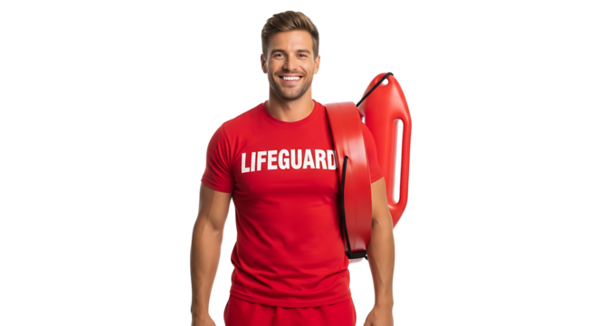 Cheerful lifeguard portrait in red uniform with float on transparent background