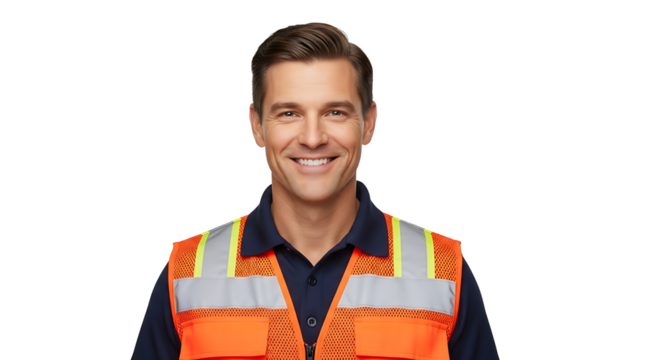 Confident construction worker smiling brightly wearing safety vest on transparent background