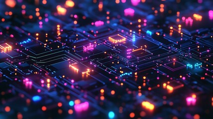 Abstract electronic circuit board with colorful neon lights