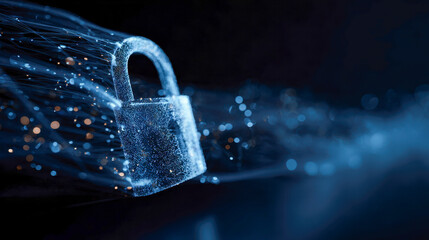 Digital security concept featuring a glowing translucent padlock surrounded by streaming data particles against a dark blurred background with blue tones