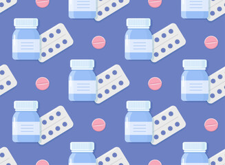 Seamless design with a medicine bottle and blister tablets. Medical colorful print for printing on textiles, wrappers, packaging. Background for healthcare, pharmaceuticals, medicine design