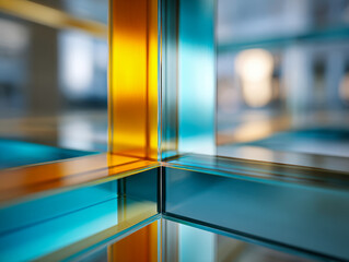 Vibrant glass panels in blue and amber hues creating dynamic reflections and geometric patterns at the corner of a modern architectural interior space