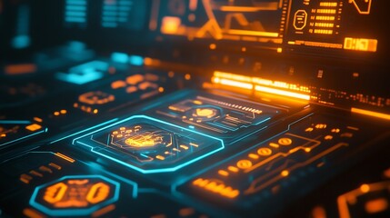 Closeup of a futuristic computer interface with glowing neon elements