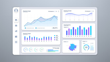Web Dashboard Ui, Statistic Graphs, Data Charts and Diagrams Infographic Template Mockup. Light Mode Dashboard, Vector Illustration