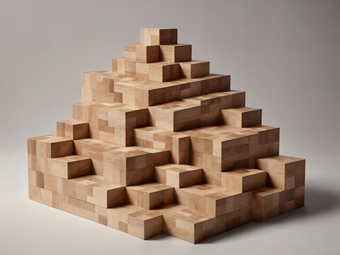 Eine symmetrische Pyramide aus gleichm&auml;&szlig;ig geschnittenen Kl&ouml;tzen, deren Gipfel ein Target‑Symbol tr&auml;gt &ndash; warmes Licht, realistische Schatten betonen Fokus Ziel.