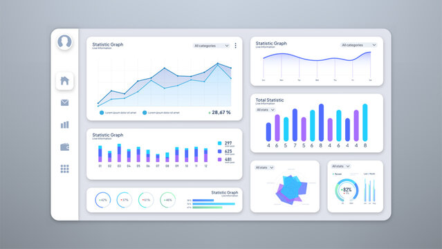 Web Dashboard Ui, Statistic Graphs, Data Charts and Diagrams Infographic Template Mockup. Light Mode Dashboard, Vector Illustration