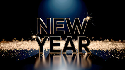 Luxury black and gold New Year 3D text with sparkling golden bokeh and dramatic spotlight on a reflective dark surface perfect for exclusive events or upscale invitations
