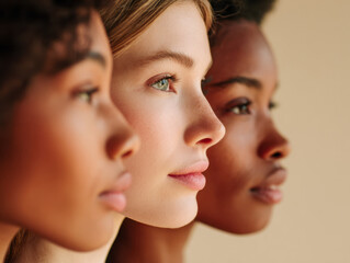 Obraz premium Diverse young women with natural beauty standing close together looking thoughtfully into the distance against a neutral background in profile view
