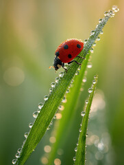 Obraz premium A vibrant red ladybird climbing a dew-covered green blade of grass during a serene early morning with soft natural light and blurred background effects