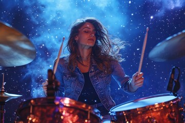 Energizing drum performance by a young woman under cosmic lights