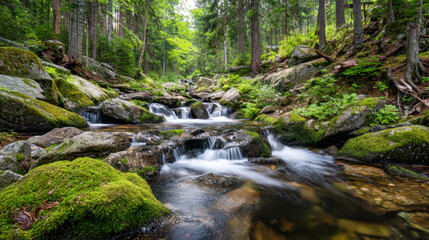 Serene forest stream flowing over moss-covered rocks surrounded by lush greenery and tall trees in a peaceful natural woodland setting
