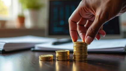 Mano colocando una moneda de oro en una pila creciente, simbolizando el éxito financiero, el ahorro y la planificación estratégica de inversiones