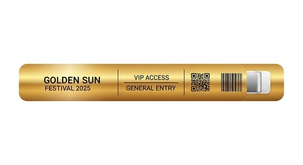 Golden Sun Festival Ticket: A stylish golden ticket granting access to a prestigious event, featuring details such as VIP access and a unique barcode for entry.