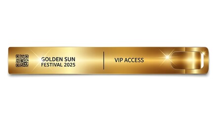 Golden Sun Festival VIP Access: A golden wristband with the text Golden Sun Festival 2025 VIP Access, hinting at exclusive event entry. This wristband design conveys access to an event.