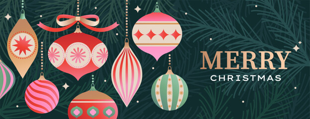 Christmas horizontal greeting card with Christmas balls on coniferous background. Bright toys for happy holiday. Template design for flyer, web, posters, banners, social media. Vector illustration