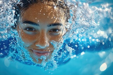 Young person smiling underwater in a bright blue swimming pool during a sunny day