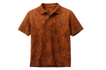 Polo shirt featuring brown acid wash texture and dye effect on garment, transparent background