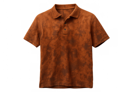Polo shirt featuring brown acid wash texture and dye effect on garment, transparent background